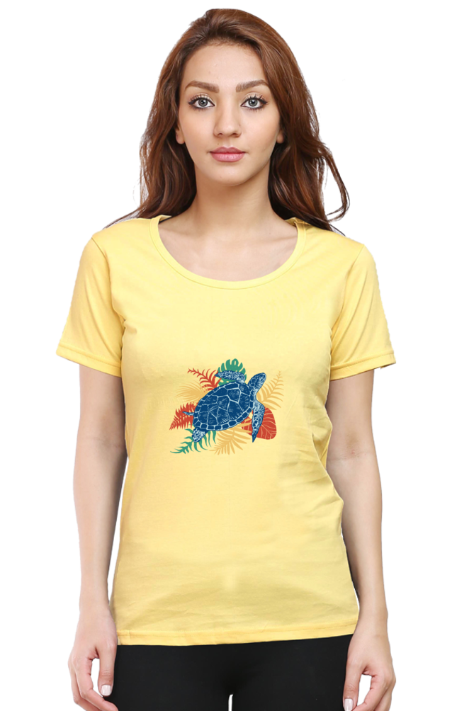 Tropical Sea Turtle Printed Scoop Neck T-Shirt For Women - WowWaves - 12