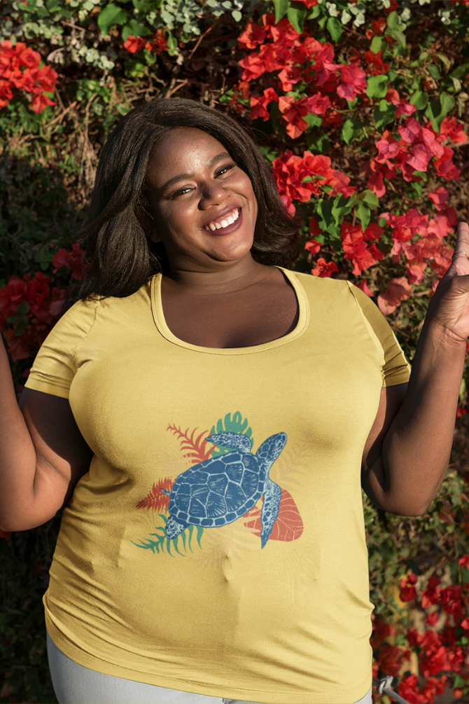 Tropical Sea Turtle Printed Scoop Neck T-Shirt For Women - WowWaves - 7