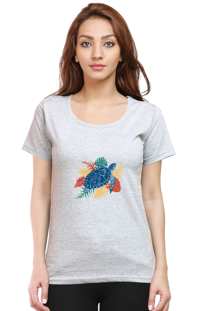 Tropical Sea Turtle Printed Scoop Neck T-Shirt For Women - WowWaves - 8