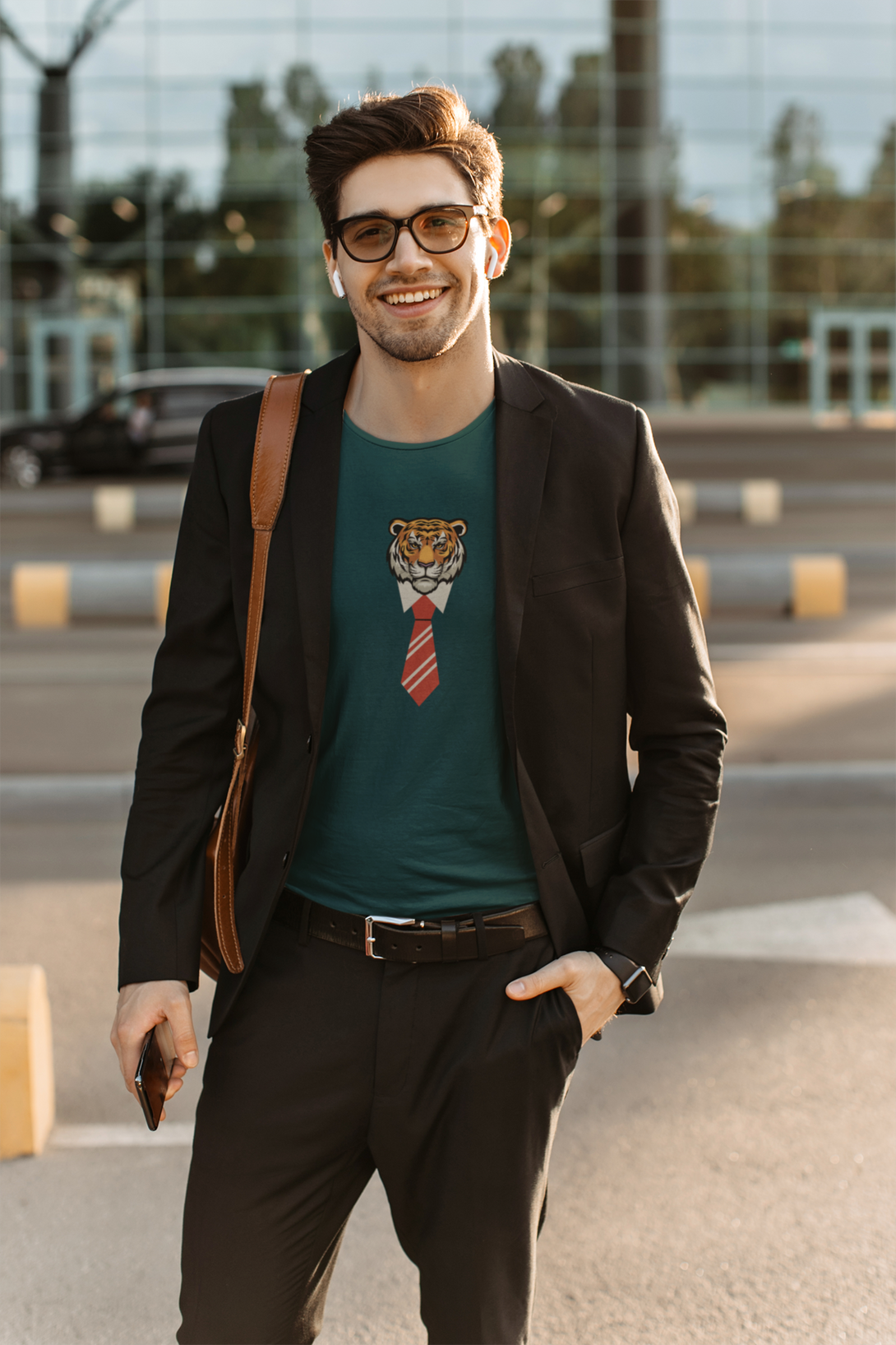 Tiger With Tie Printed T-Shirt For Men - WowWaves