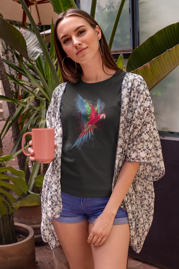 Vibrant Parrot Printed T-Shirt For Women - WowWaves