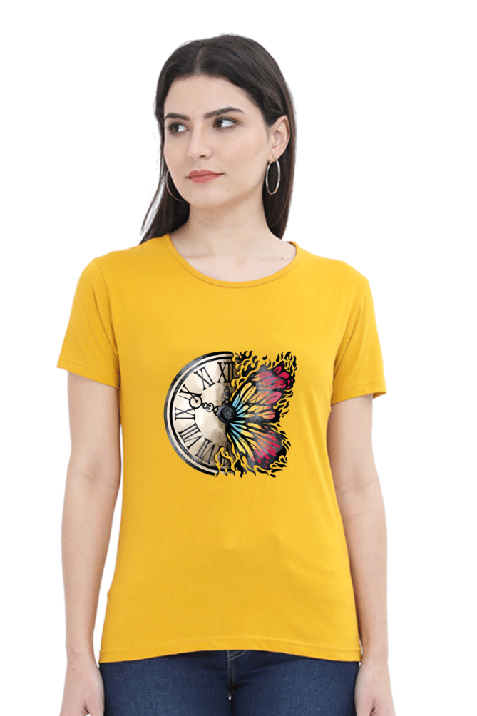Vintage Clock Printed Scoop Neck T-Shirt For Women - WowWaves - 7