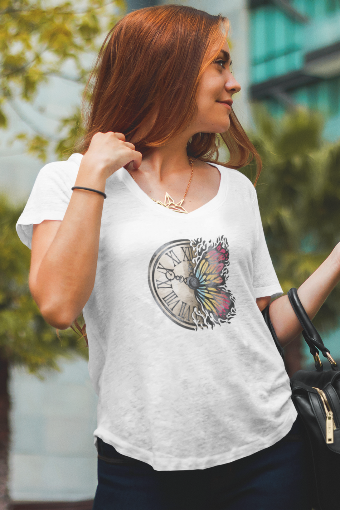 Vintage Clock Printed Scoop Neck T-Shirt For Women - WowWaves - 6