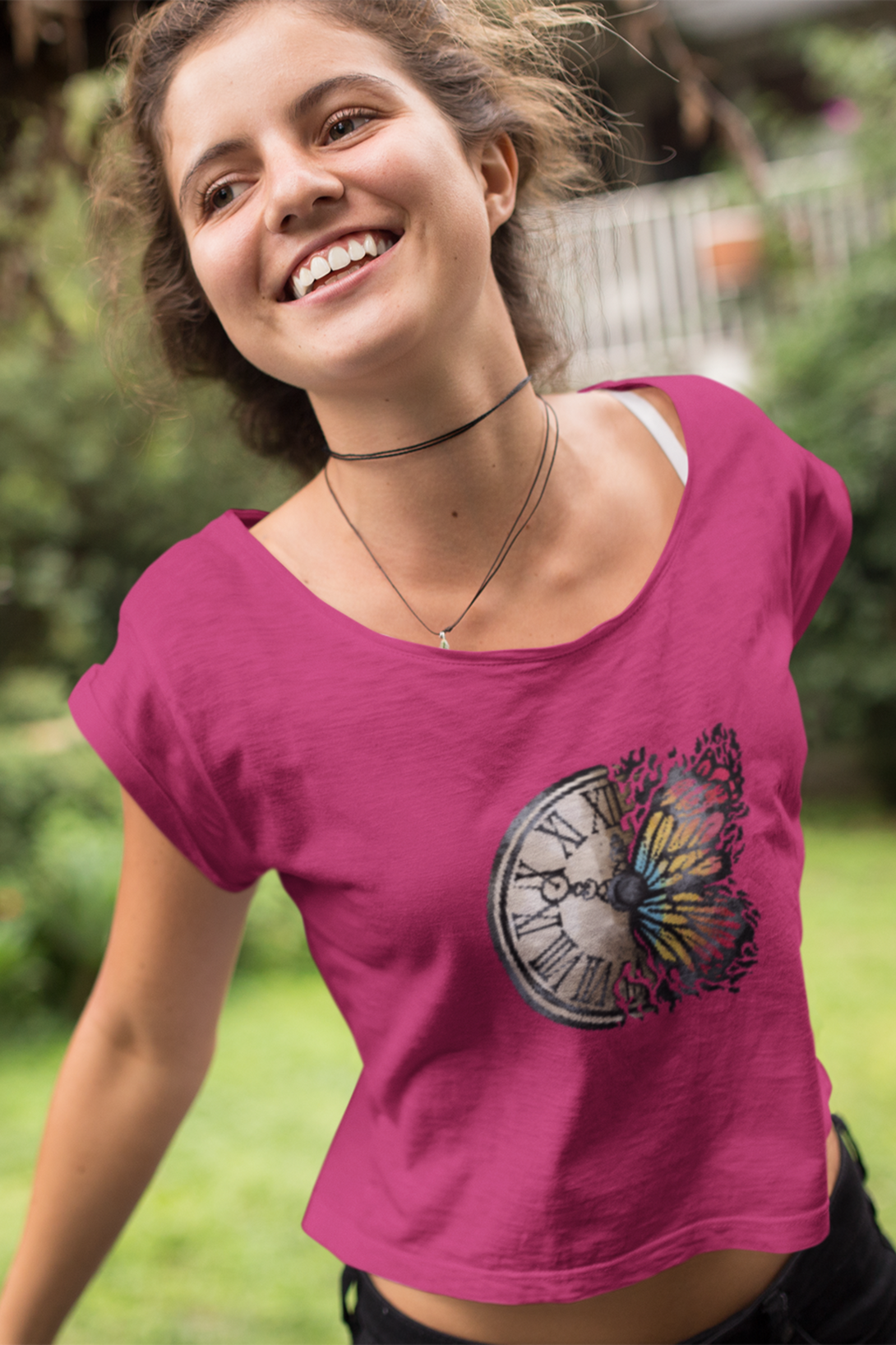 Vintage Clock Printed Scoop Neck T-Shirt For Women - WowWaves - 5
