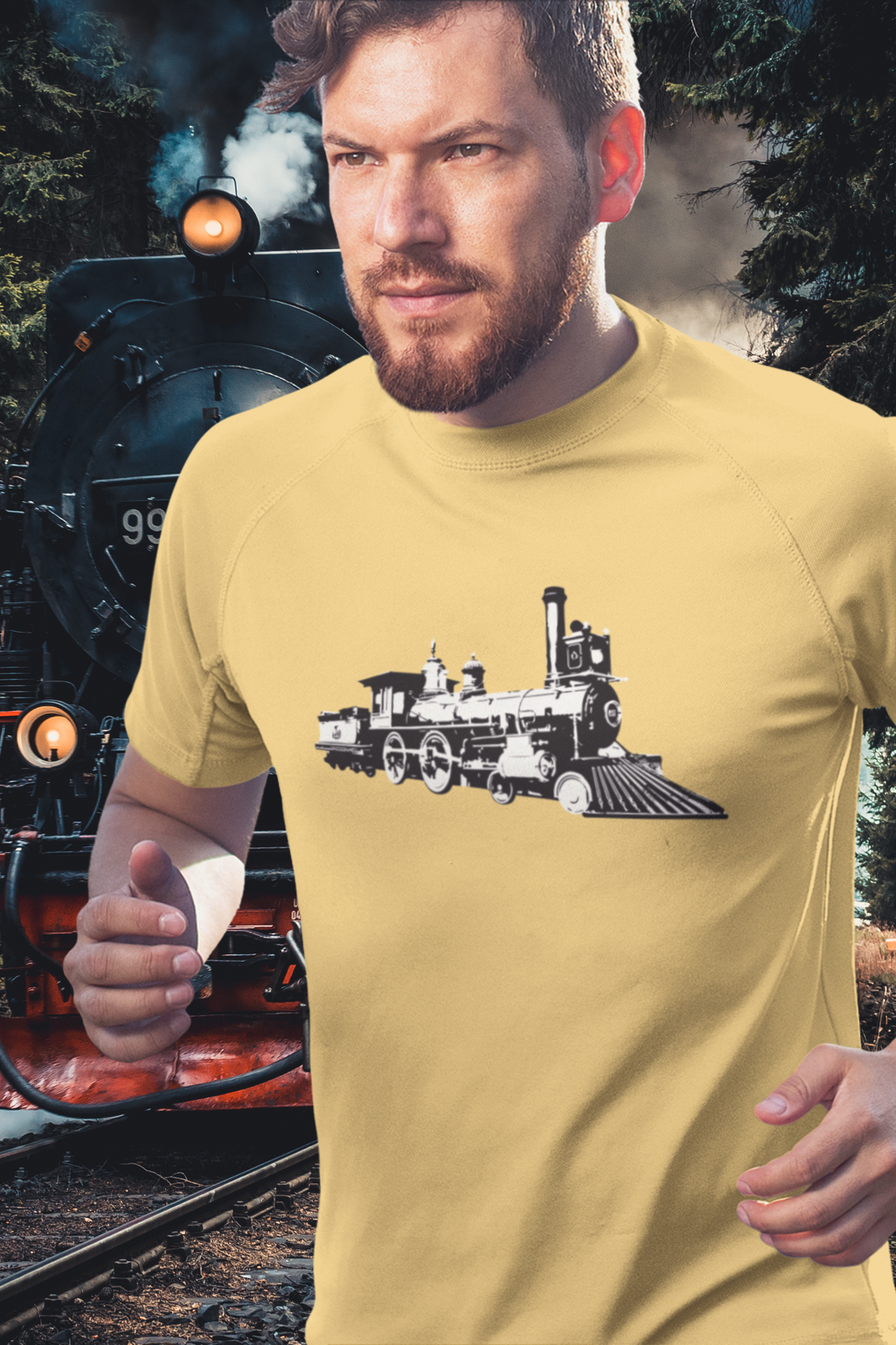 Vintage Locomotive Printed T-Shirt For Men - WowWaves - 5