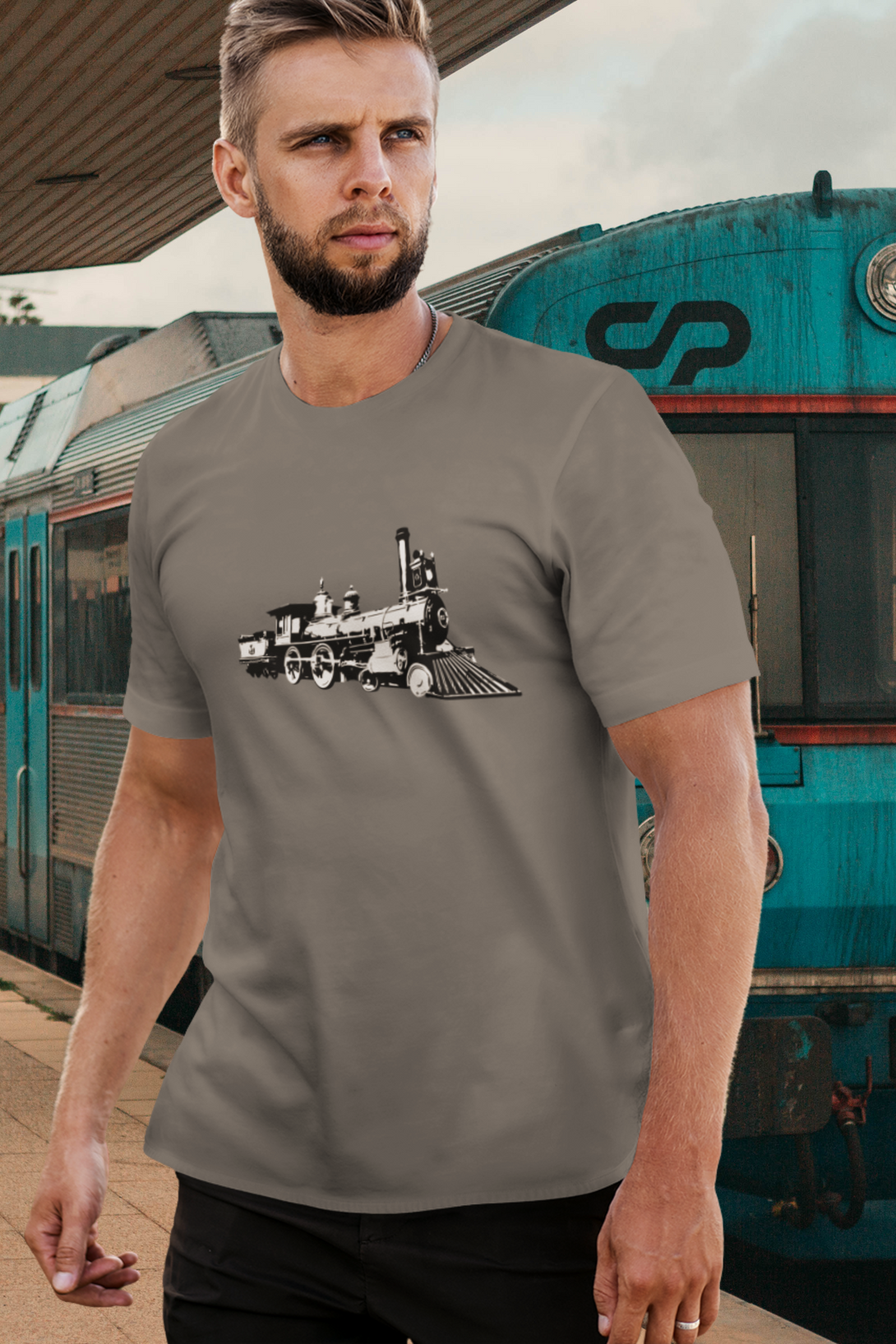 Vintage Locomotive Printed T-Shirt For Men - WowWaves - 2