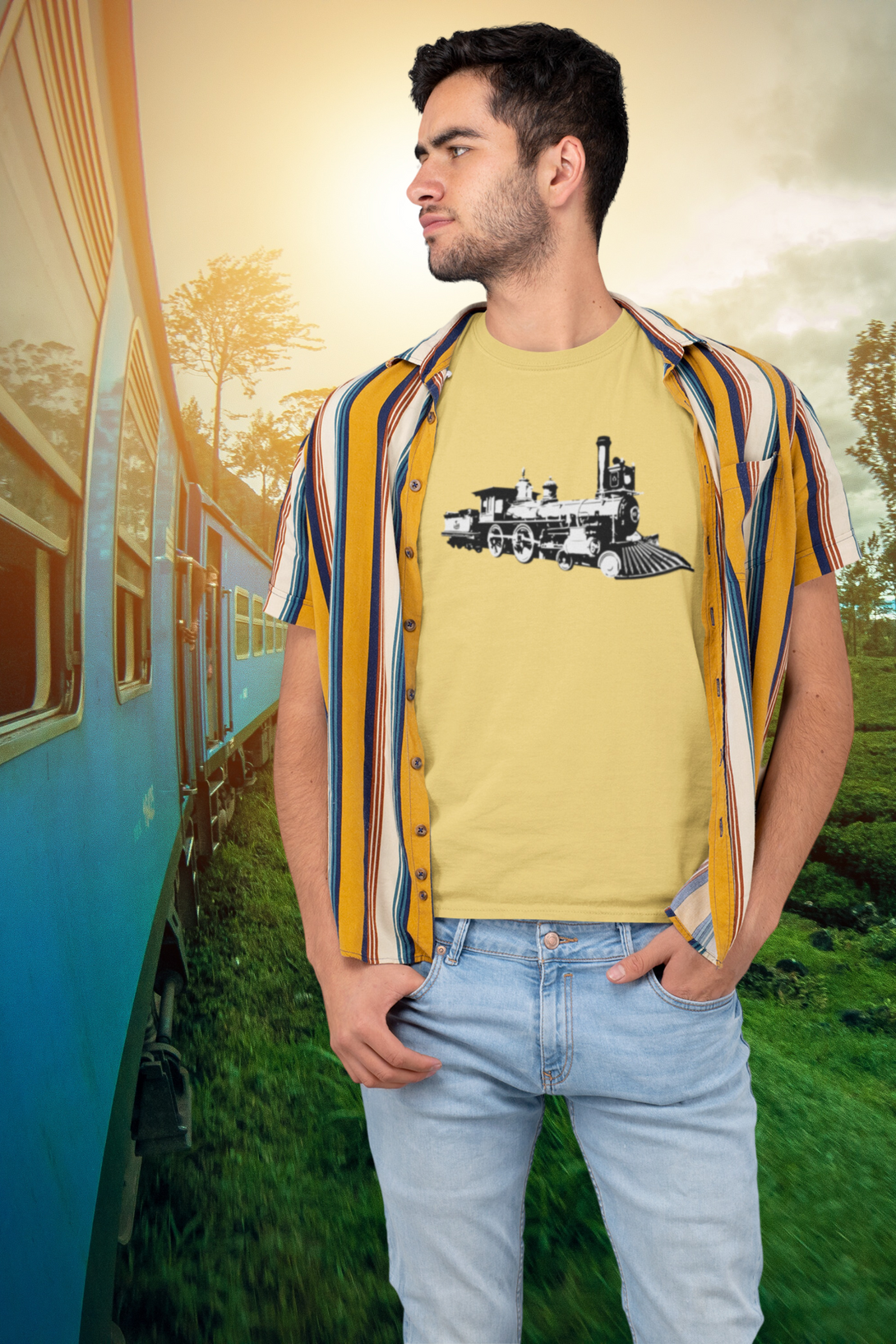 Vintage Locomotive Printed T-Shirt For Men - WowWaves - 7