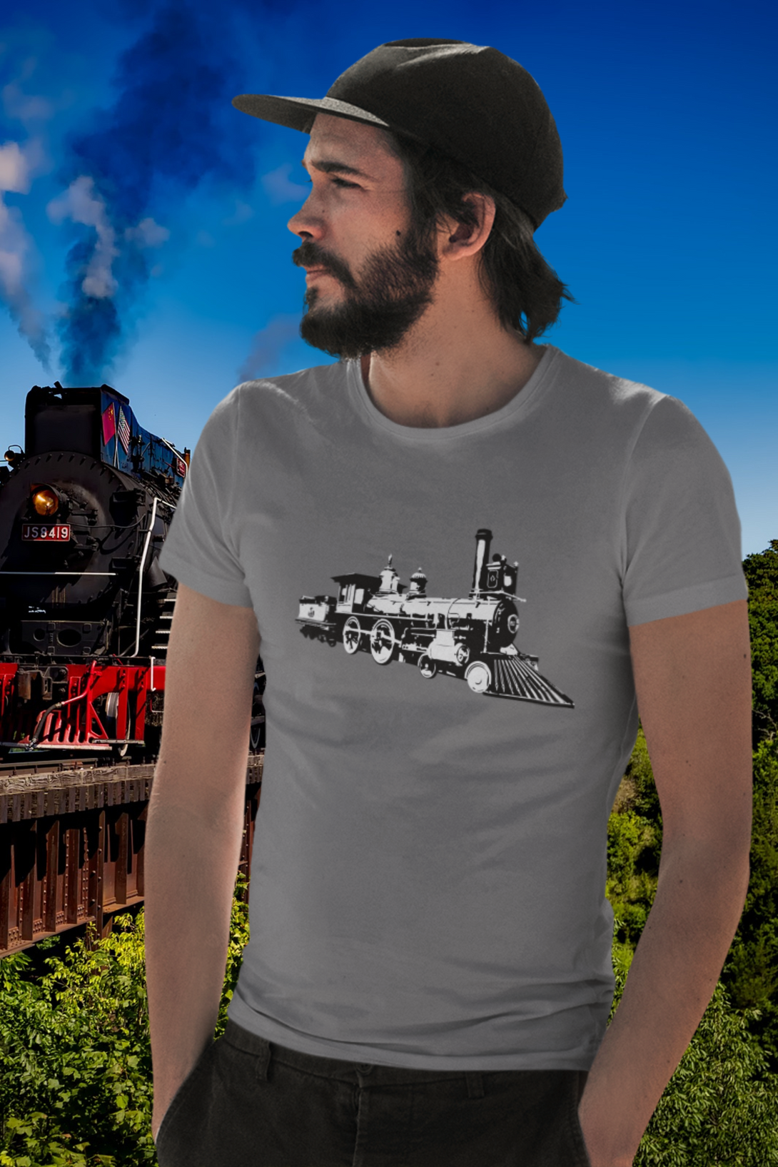 Vintage Locomotive Printed T-Shirt For Men - WowWaves - 3