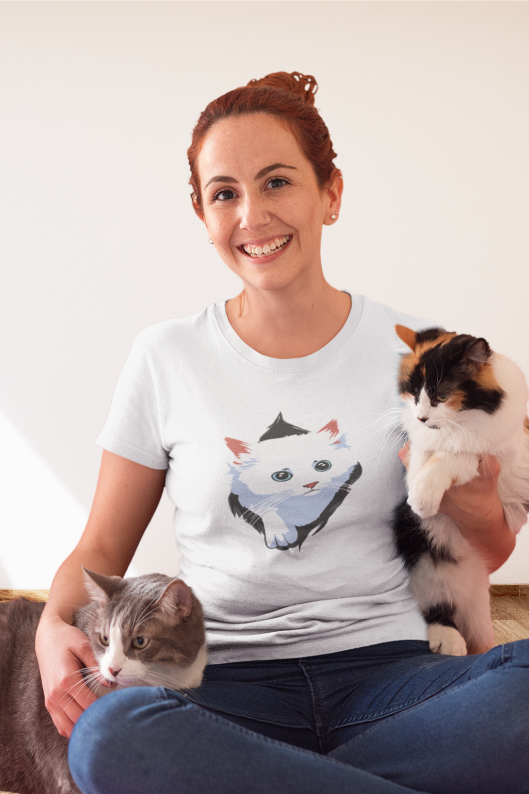 White Cat Printed T-Shirt For Women - WowWaves - 2