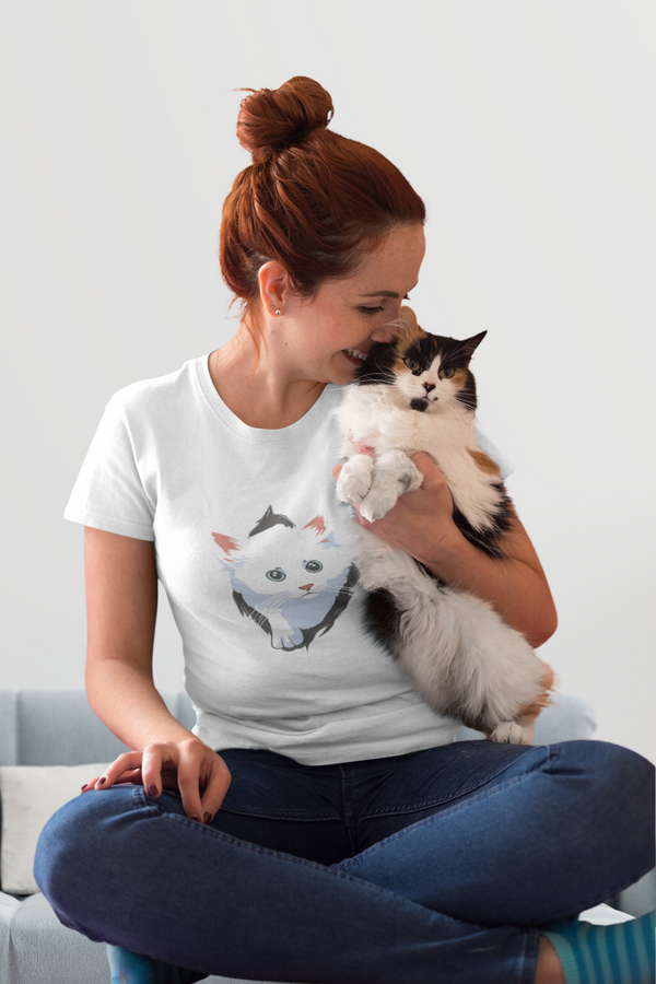 White Cat Printed T-Shirt For Women - WowWaves