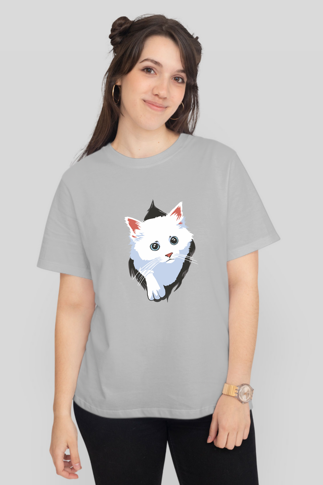 White Cat Printed T-Shirt For Women - WowWaves - 8