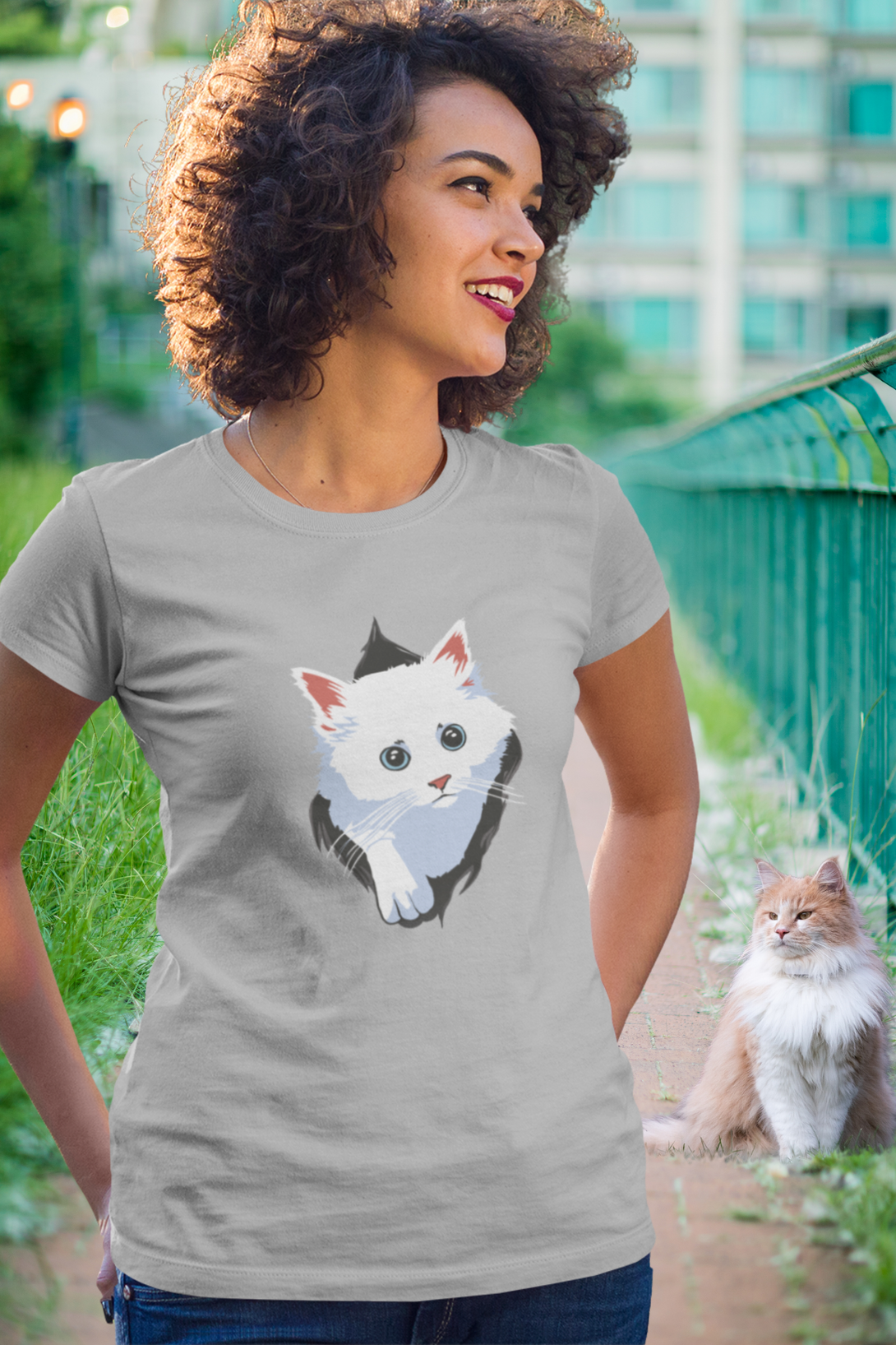 White Cat Printed T-Shirt For Women - WowWaves - 3