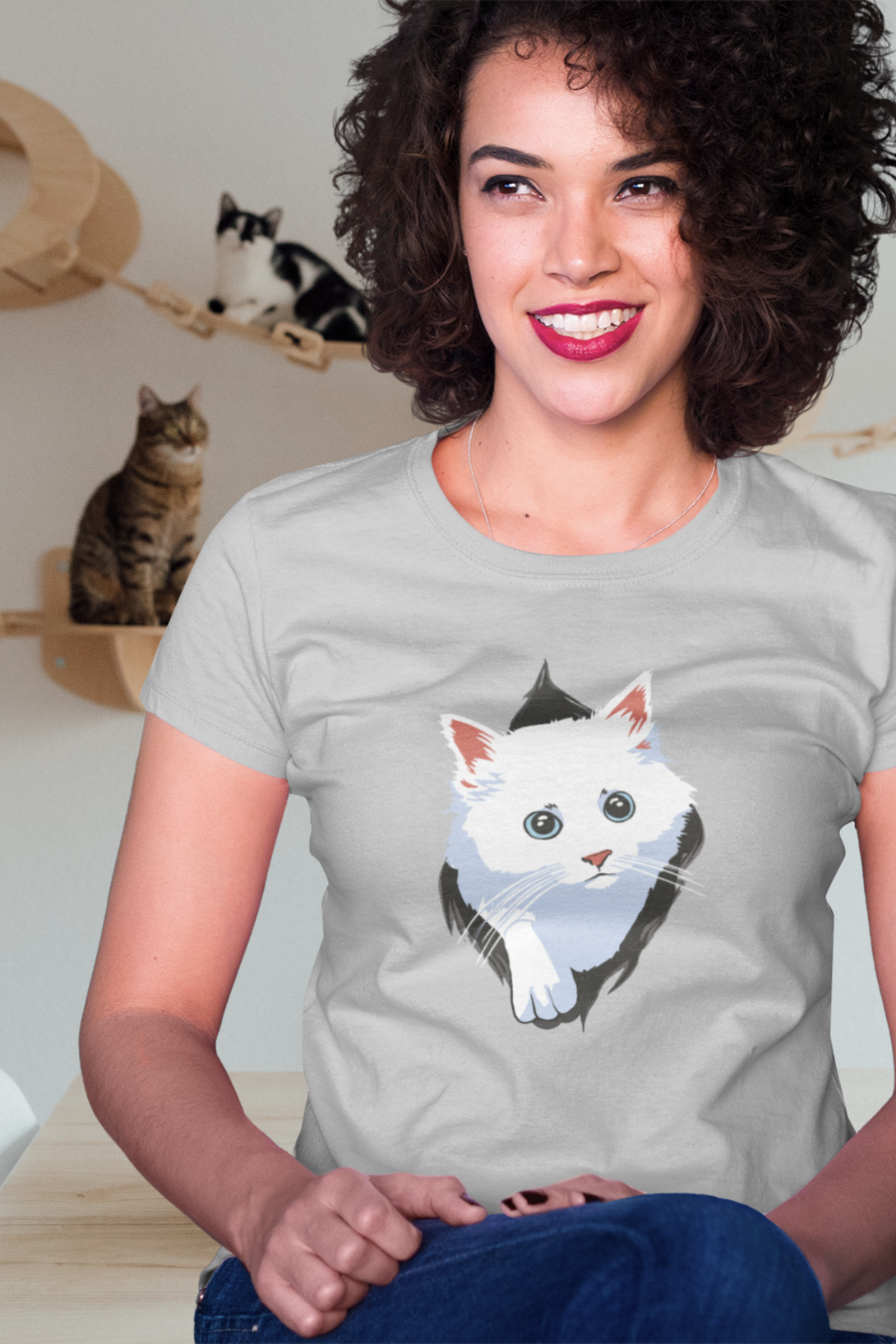 White Cat Printed T-Shirt For Women - WowWaves - 4