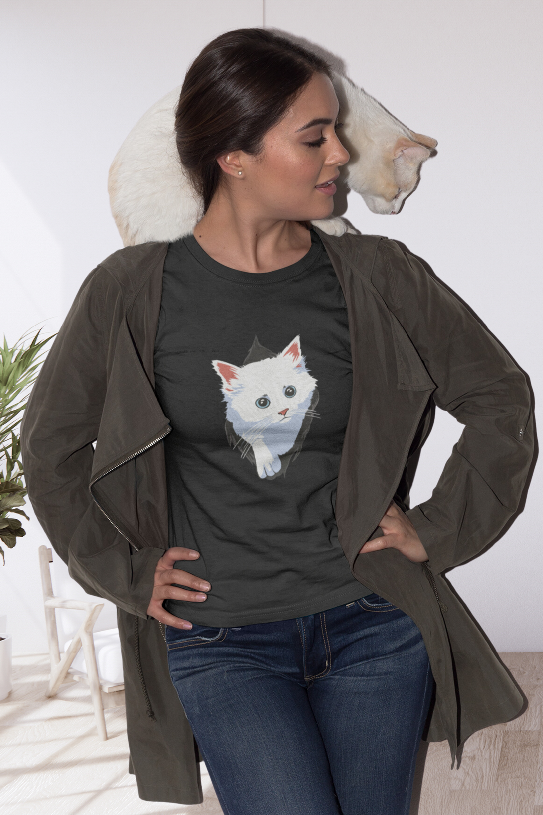 White Cat Printed T-Shirt For Women - WowWaves - 6