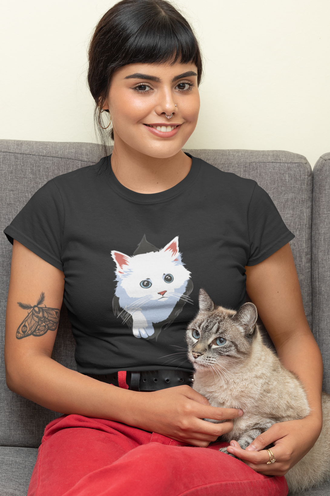 White Cat Printed T-Shirt For Women - WowWaves - 5