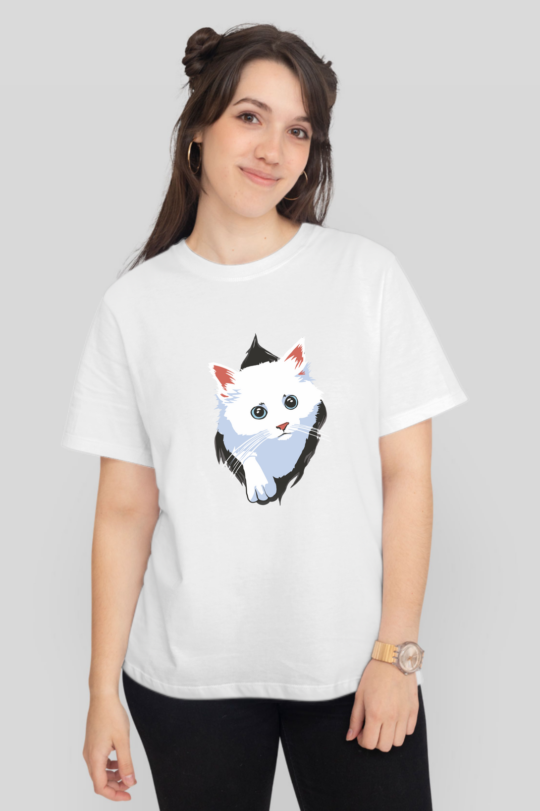 White Cat Printed T-Shirt For Women - WowWaves - 7