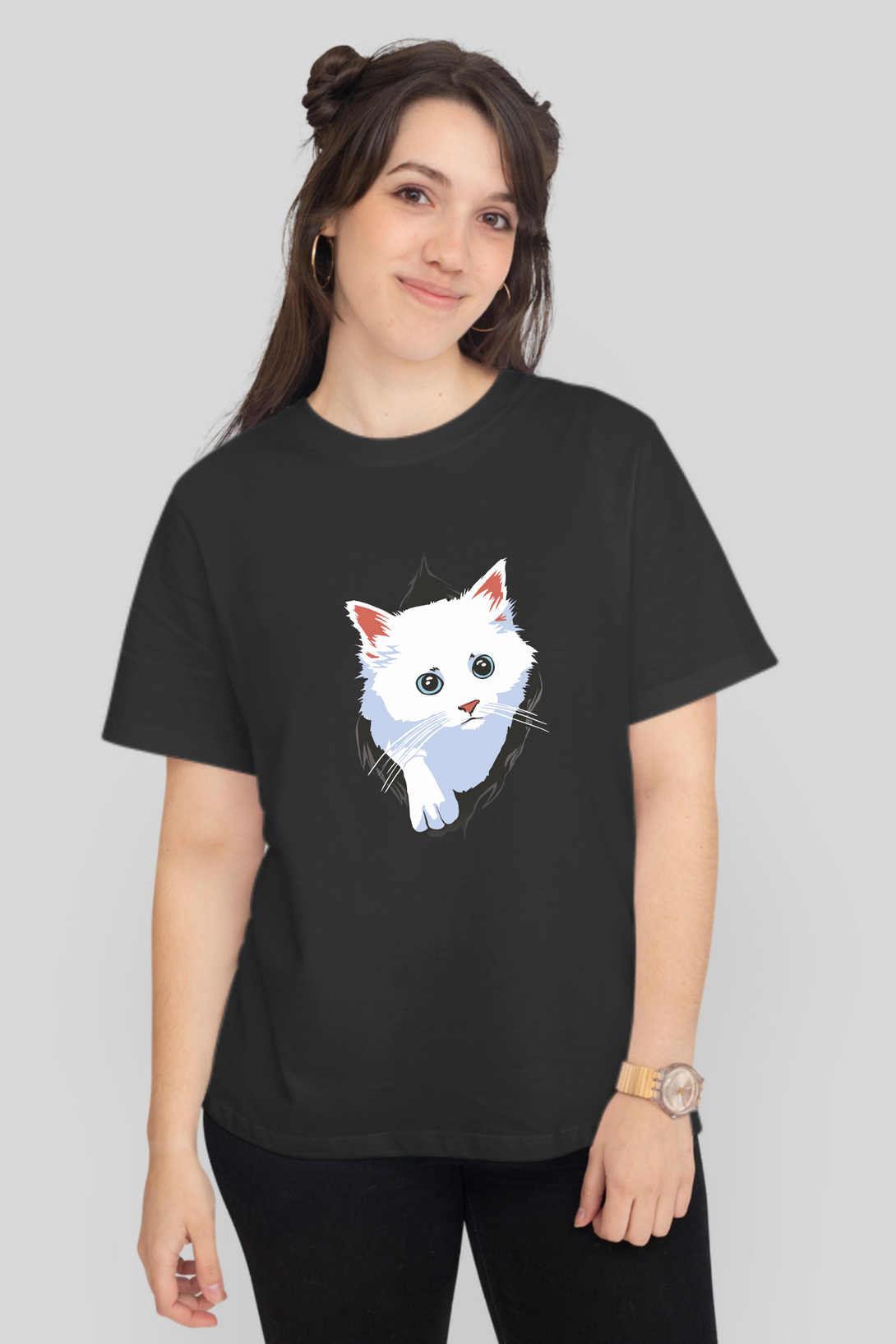 White Cat Printed T-Shirt For Women - WowWaves - 9