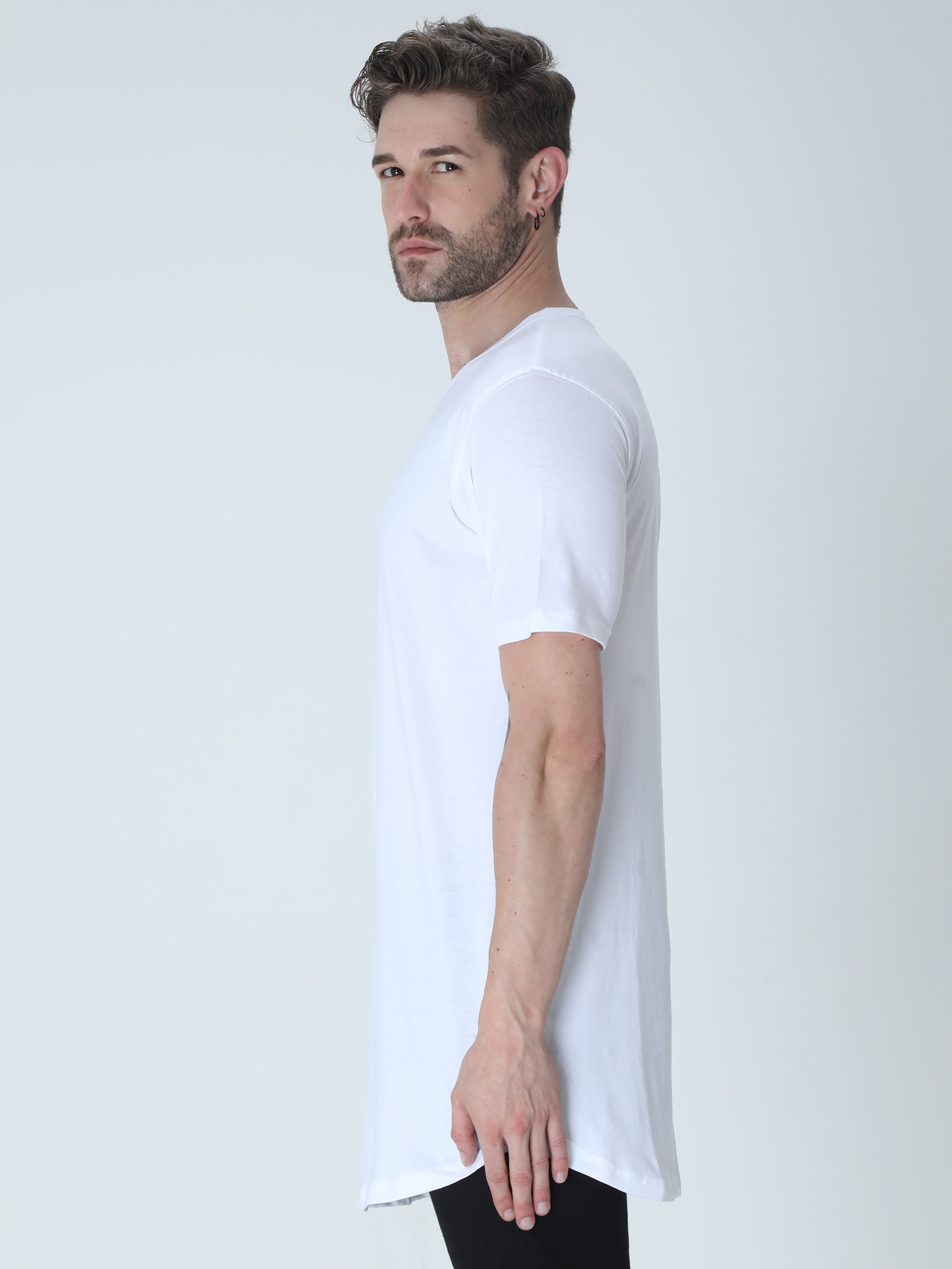 LETAOTAO Men's Longline Curved Hem T-Shirt - 95% Cotton 5% Spandex, Slim Fit Workout Top (3X-Large, White)