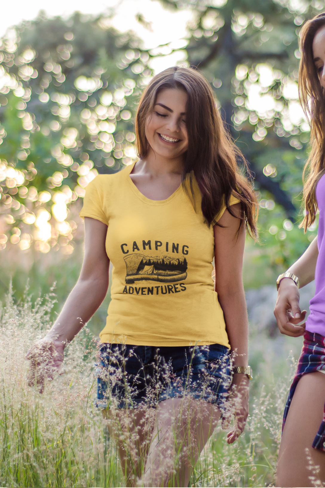 Camping Adventures Printed Scoop Neck T-Shirt For Women - WowWaves
