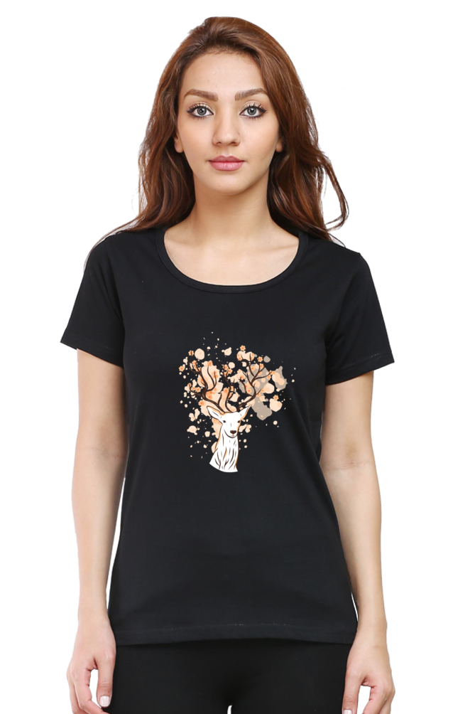 Floral Antlers Printed Scoop Neck T-Shirt For Women - WowWaves - 14