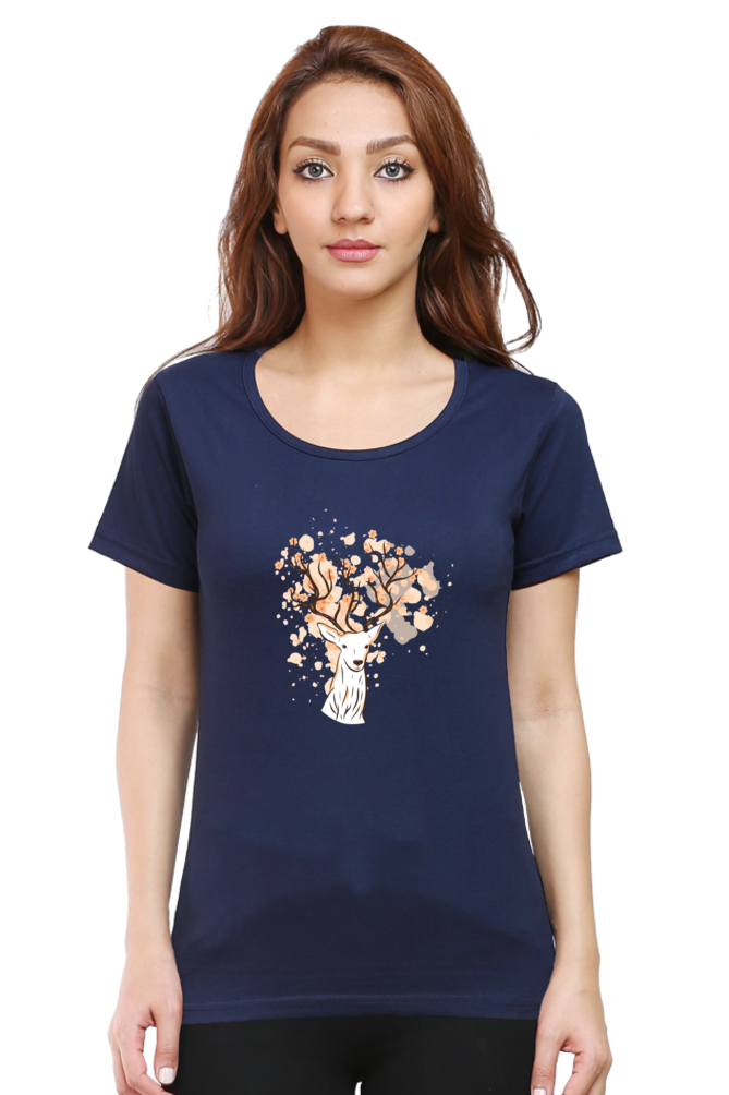 Floral Antlers Printed Scoop Neck T-Shirt For Women - WowWaves - 11