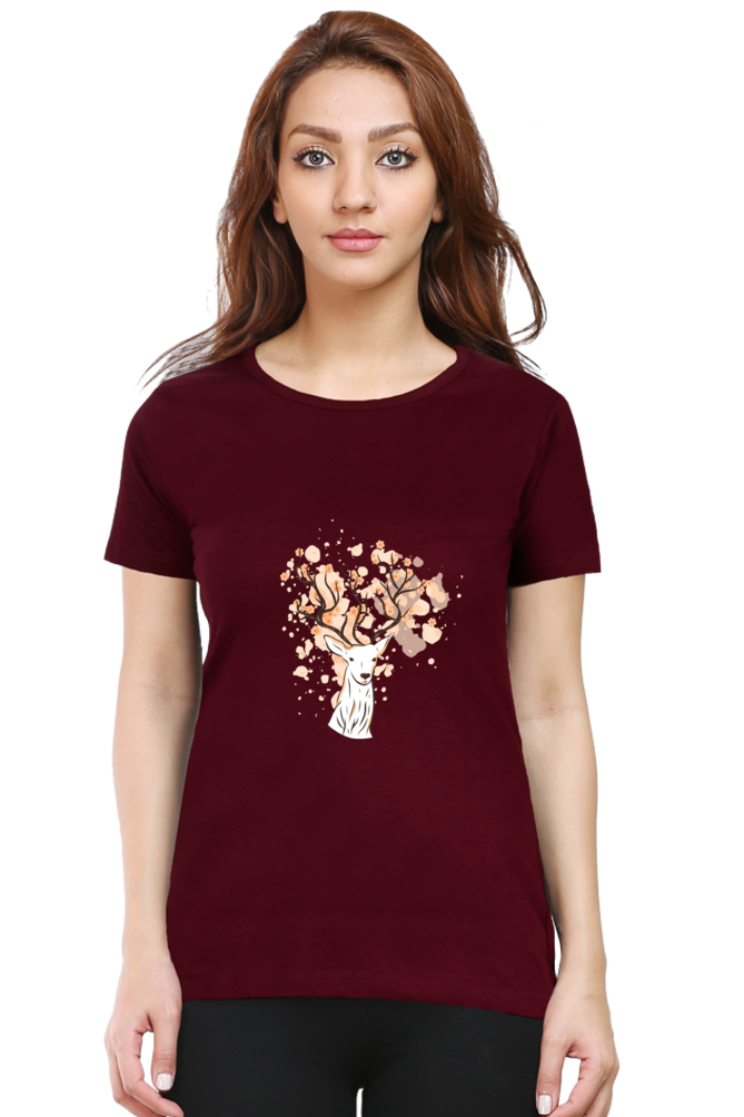 Floral Antlers Printed Scoop Neck T-Shirt For Women - WowWaves - 13