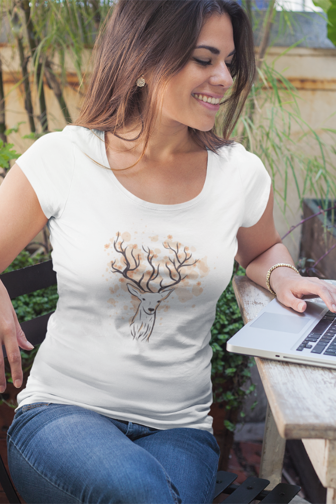 Floral Antlers Printed Scoop Neck T-Shirt For Women - WowWaves - 3