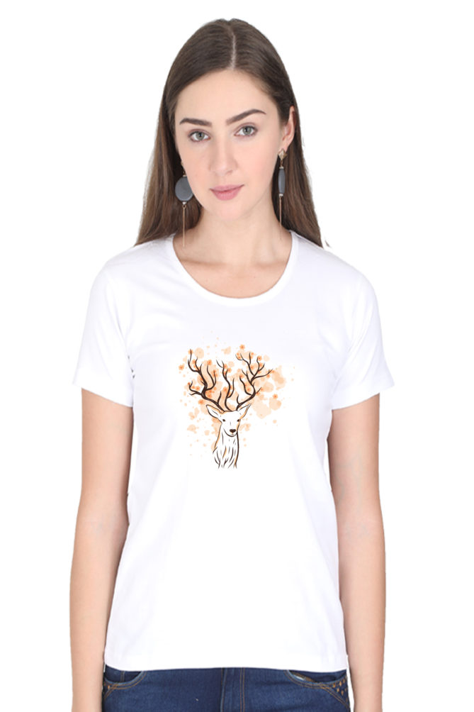 Floral Antlers Printed Scoop Neck T-Shirt For Women - WowWaves - 12