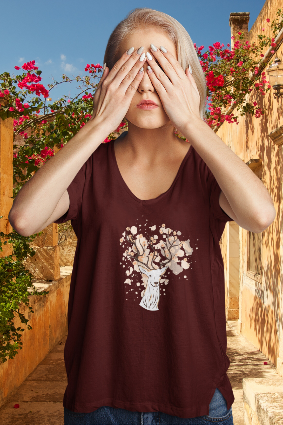 Floral Antlers Printed Scoop Neck T-Shirt For Women - WowWaves - 5