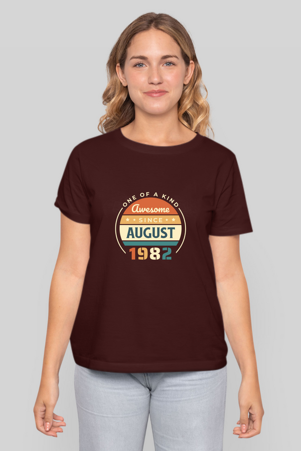 Vintage August 1982 Badge Printed T-Shirt For Women - WowWaves - 7