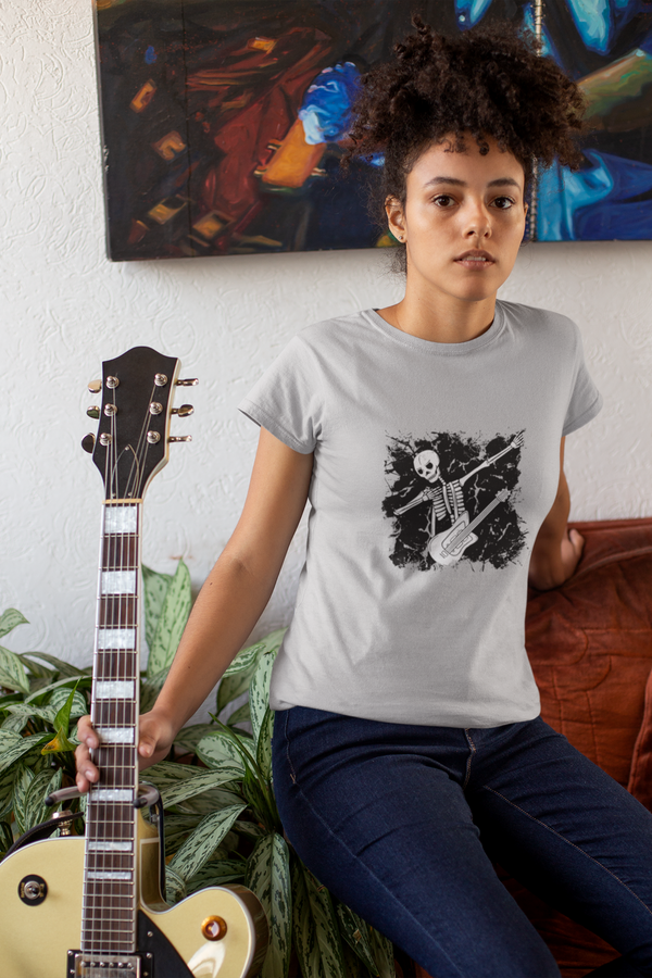 Dabbing Guitarist Skeleton Printed T-Shirt For Women - WowWaves