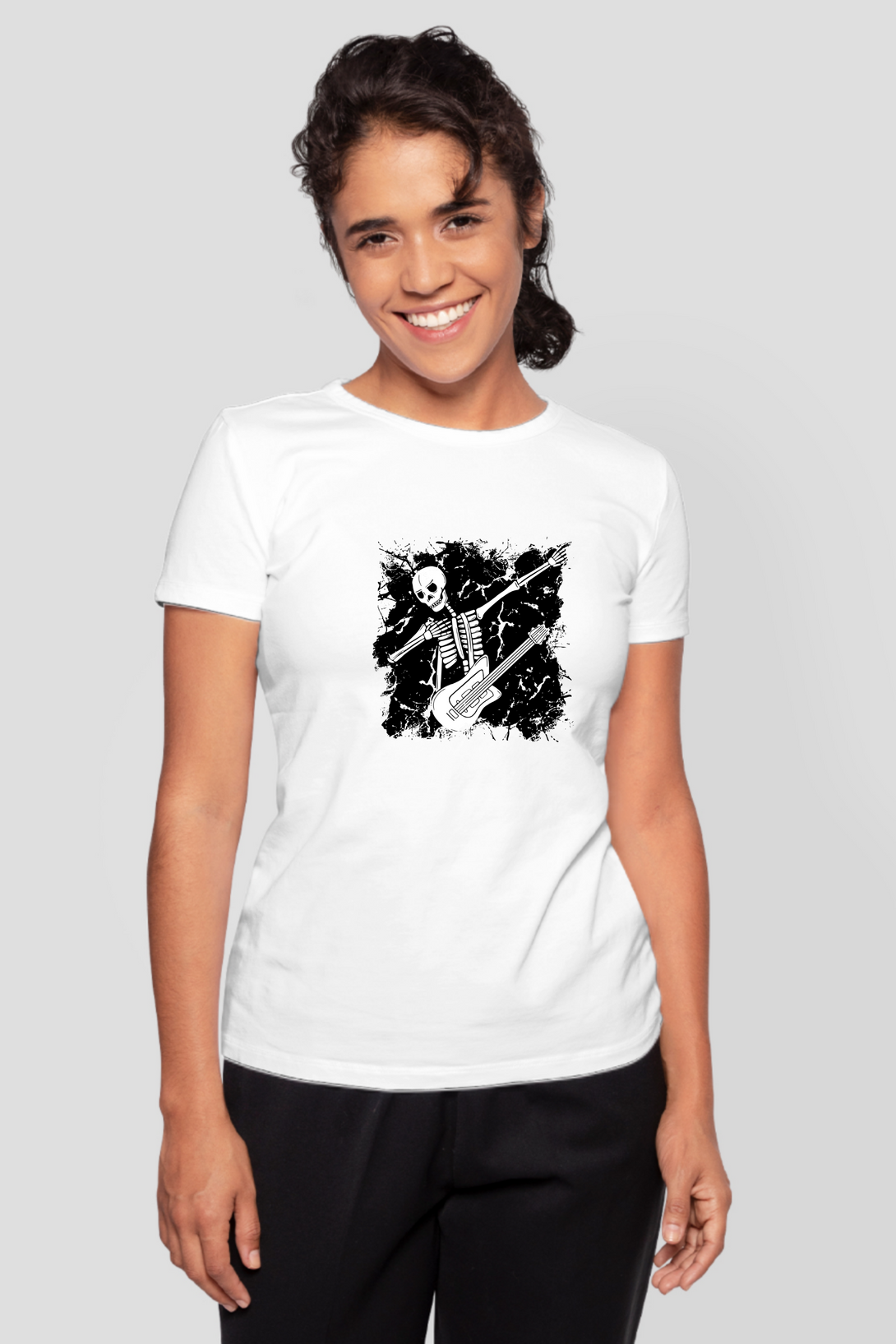 Dabbing Guitarist Skeleton Printed T-Shirt For Women - WowWaves - 6