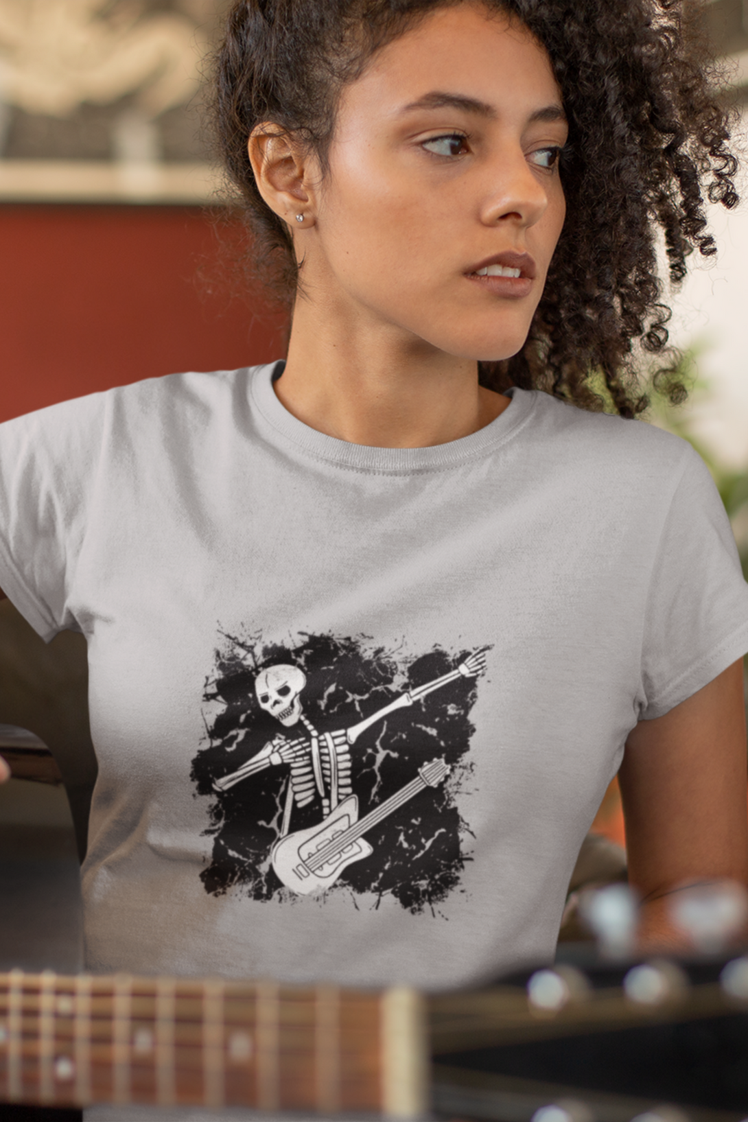 Dabbing Guitarist Skeleton Printed T-Shirt For Women - WowWaves - 3