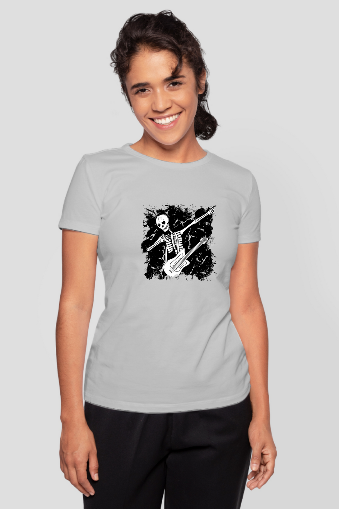 Dabbing Guitarist Skeleton Printed T-Shirt For Women - WowWaves - 7