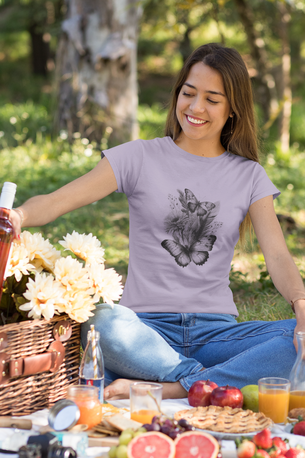 Butterfly Blooms Printed T-Shirt For Women - WowWaves