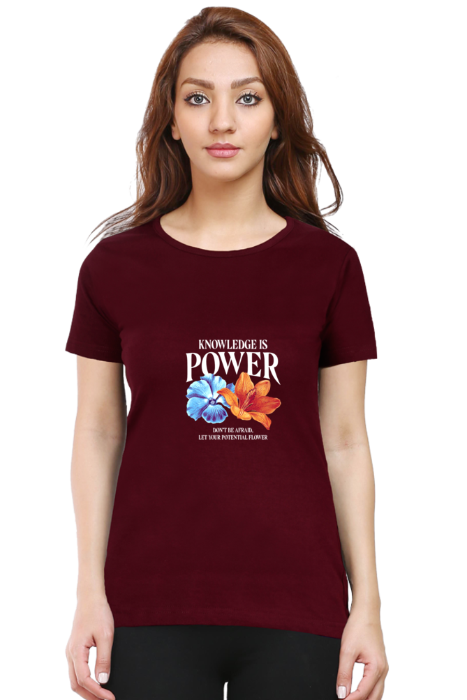 Knowledge Is Power Printed Scoop Neck T-Shirt For Women - WowWaves - 9