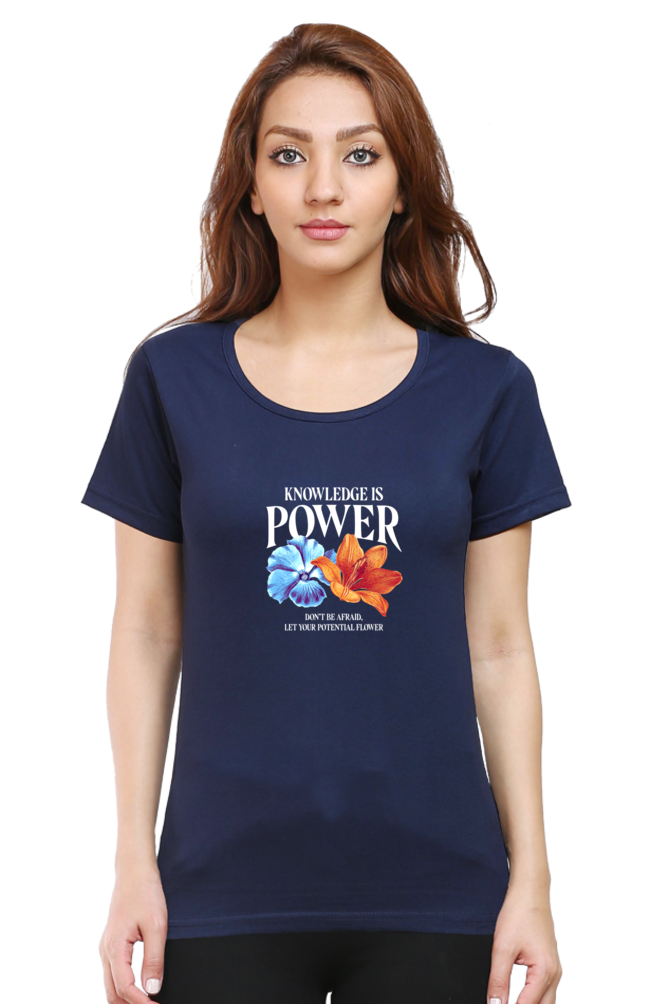 Knowledge Is Power Printed Scoop Neck T-Shirt For Women - WowWaves - 10