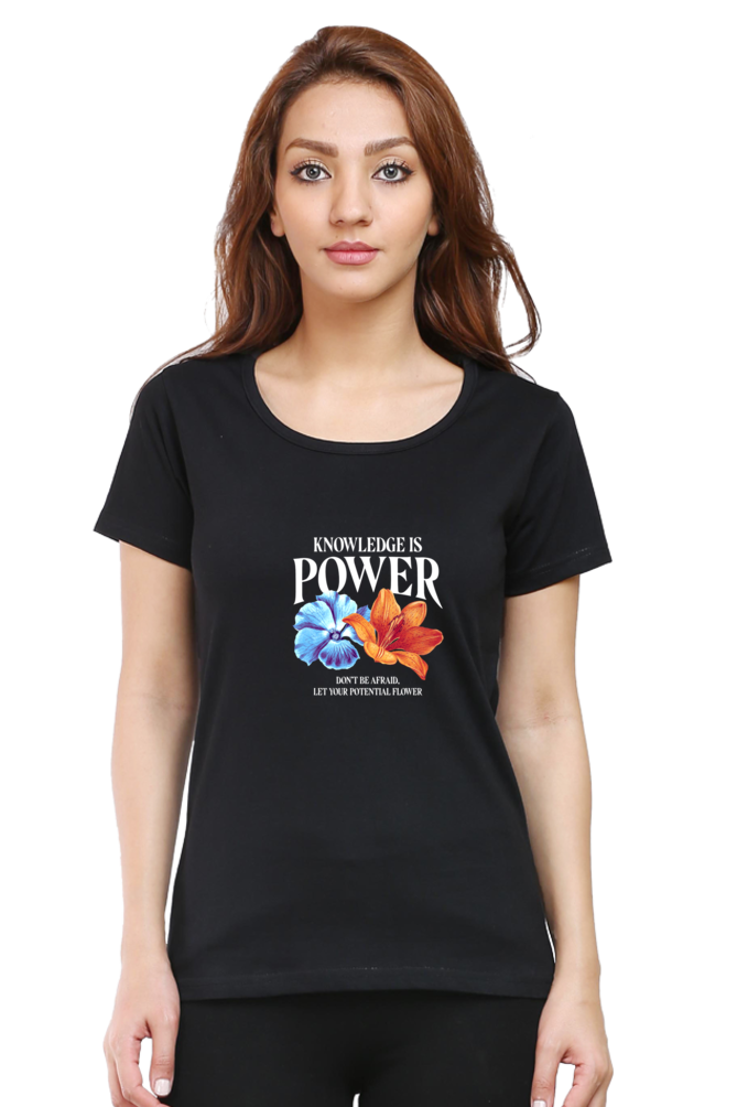 Knowledge Is Power Printed Scoop Neck T-Shirt For Women - WowWaves - 8