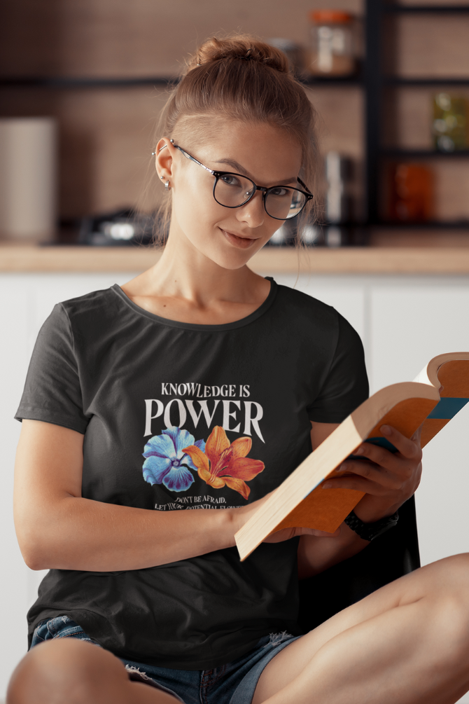 Knowledge Is Power Printed Scoop Neck T-Shirt For Women - WowWaves - 2