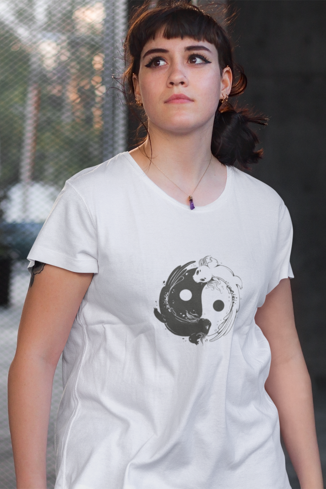 Yin Yang Axolotl Printed Scoop Neck T-Shirt For Women - WowWaves - 4