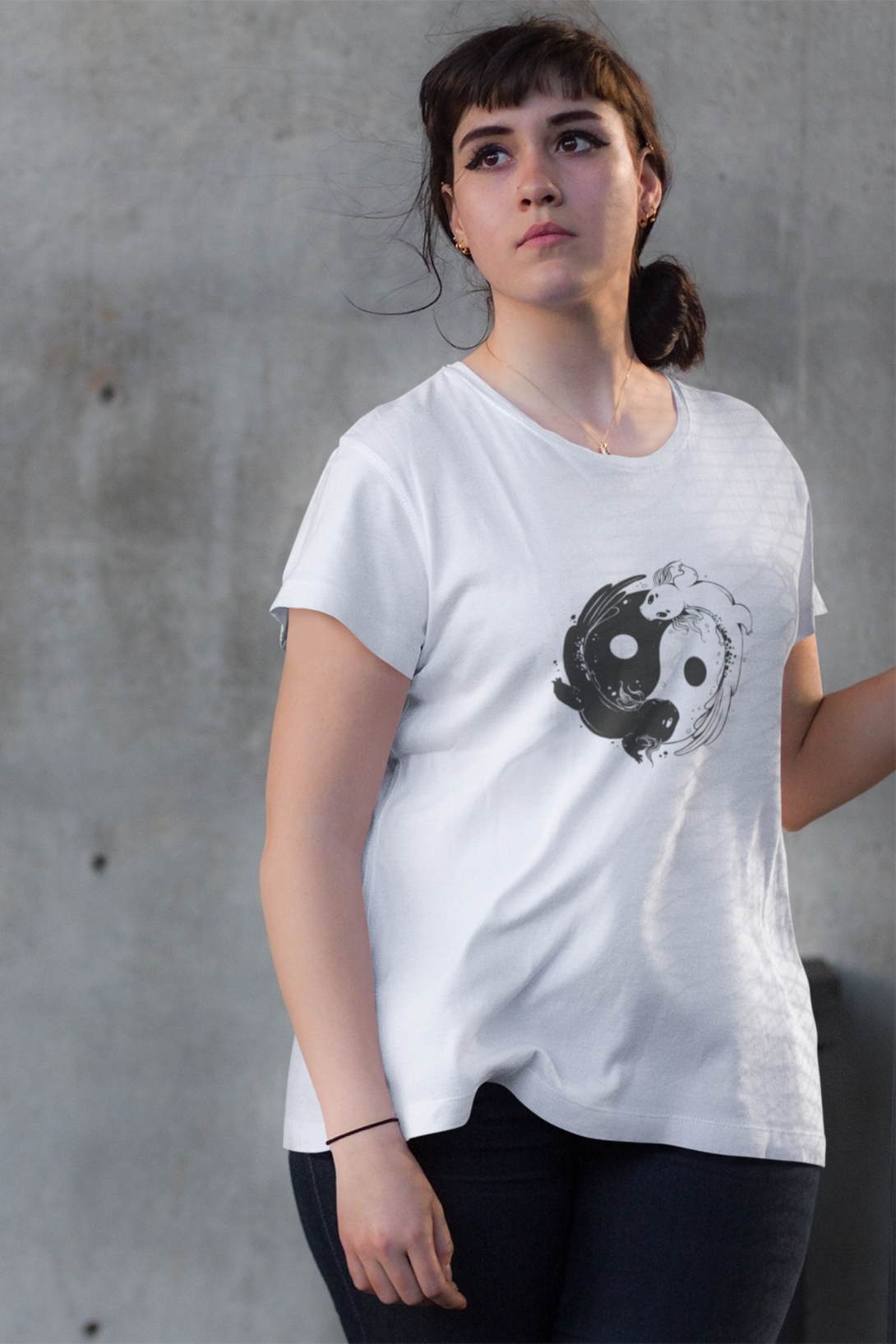 Yin Yang Axolotl Printed Scoop Neck T-Shirt For Women - WowWaves - 5