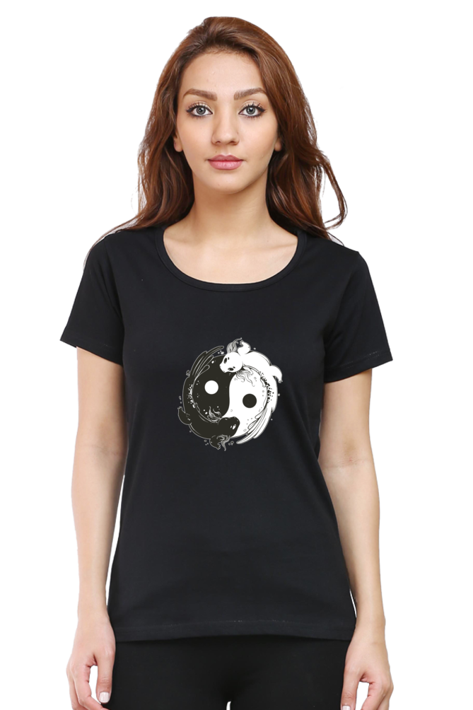 Yin Yang Axolotl Printed Scoop Neck T-Shirt For Women - WowWaves - 7