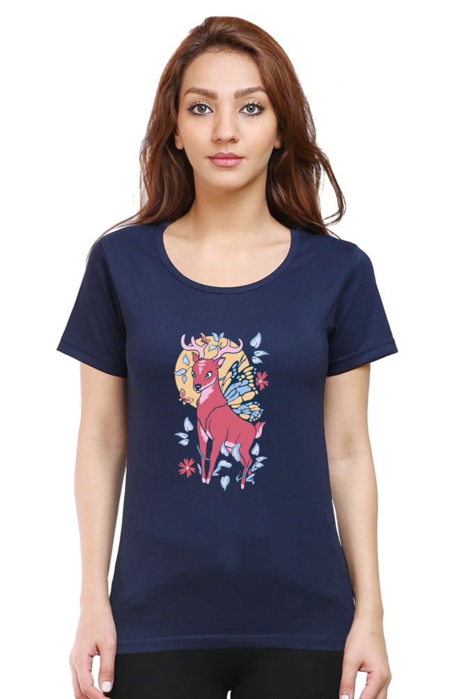 Fairy Deer Printed Scoop Neck T-Shirt For Women - WowWaves - 11