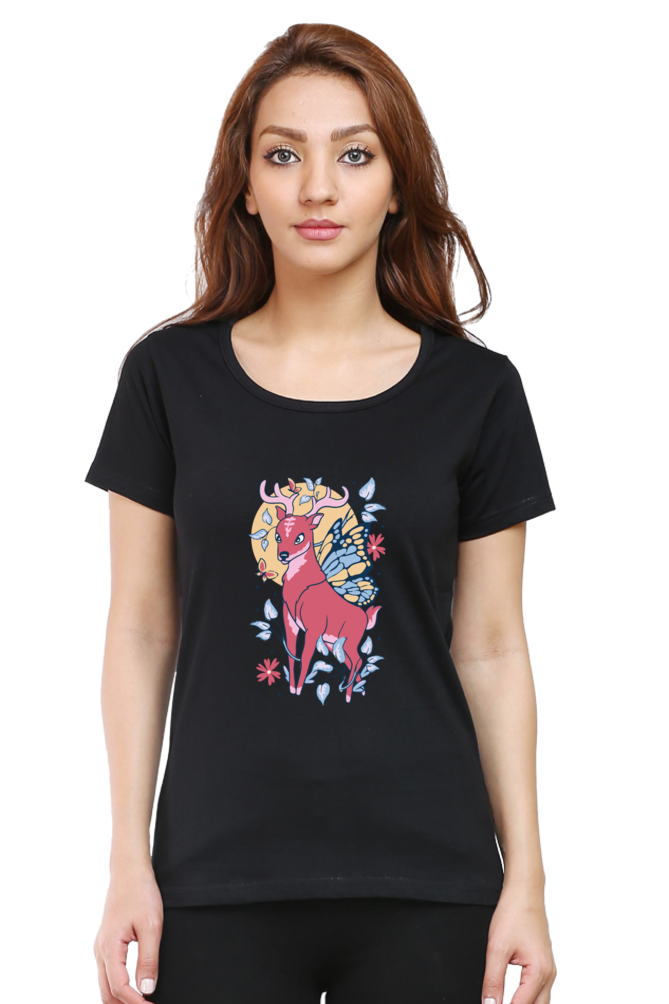 Fairy Deer Printed Scoop Neck T-Shirt For Women - WowWaves - 12