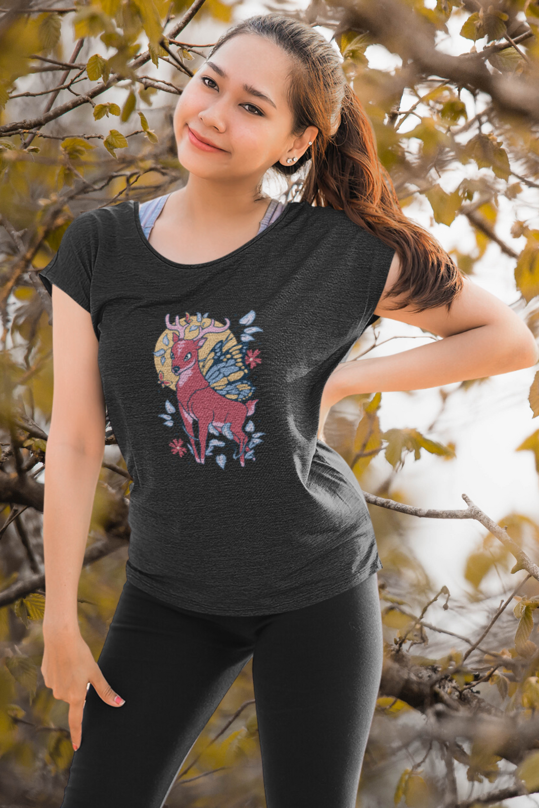 Fairy Deer Printed Scoop Neck T-Shirt For Women - WowWaves - 3