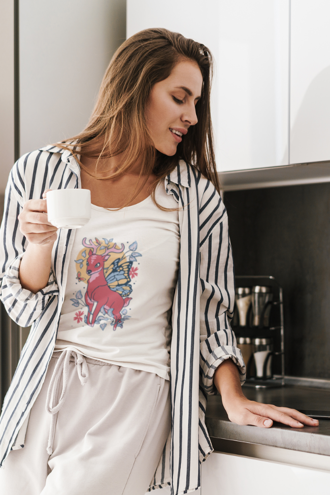 Fairy Deer Printed Scoop Neck T-Shirt For Women - WowWaves - 9