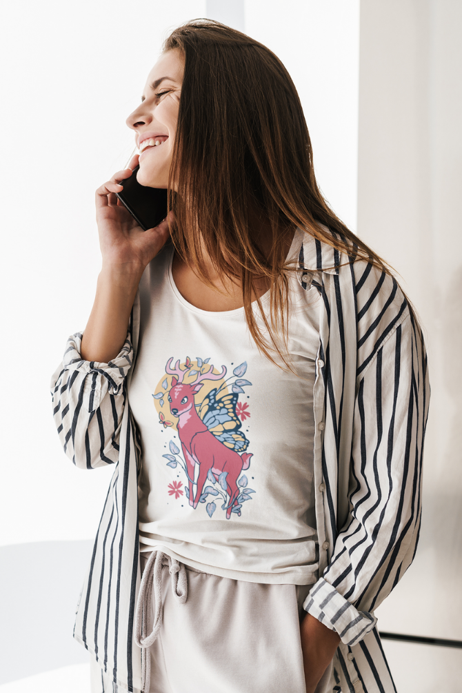 Fairy Deer Printed Scoop Neck T-Shirt For Women - WowWaves - 2