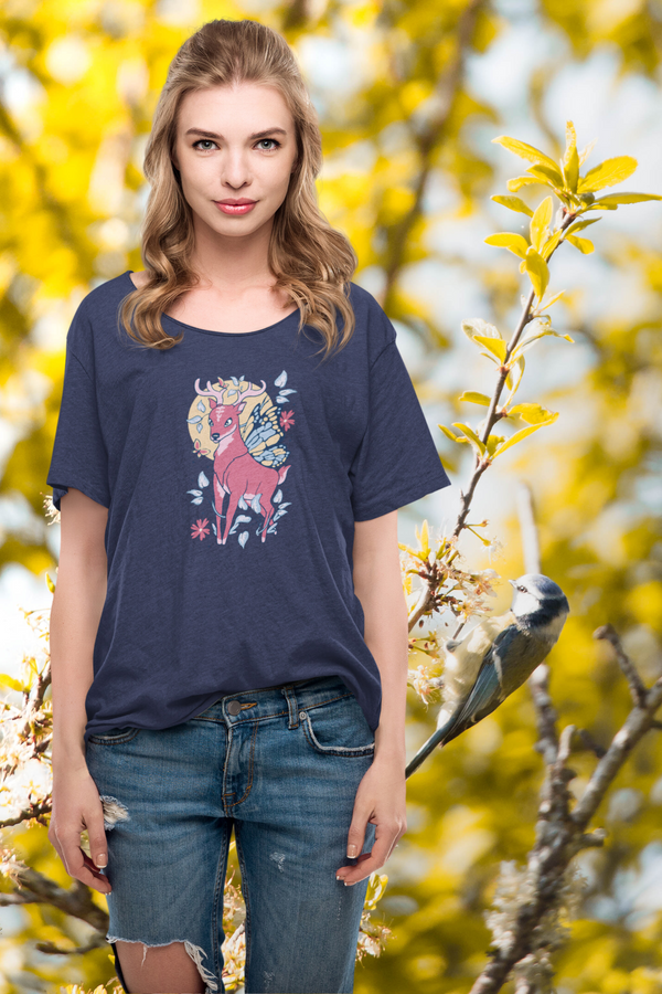 Fairy Deer Printed Scoop Neck T-Shirt For Women - WowWaves