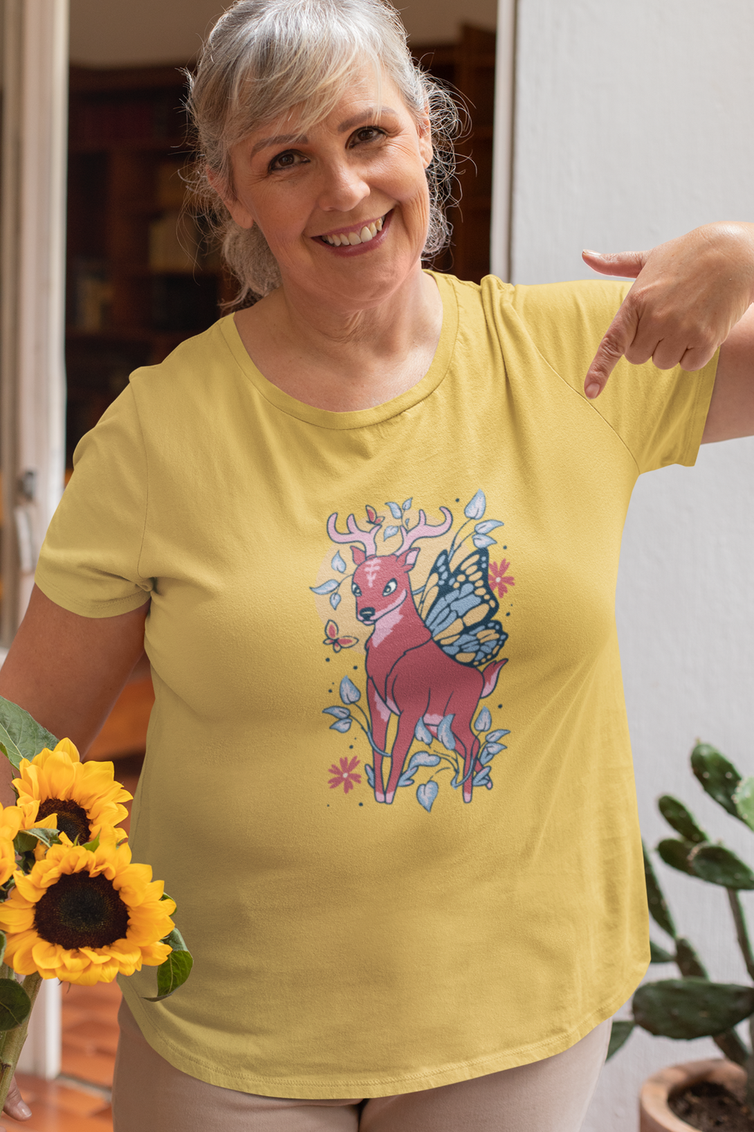 Fairy Deer Printed Scoop Neck T-Shirt For Women - WowWaves - 7