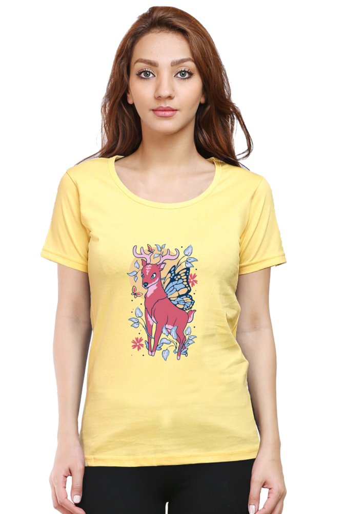 Fairy Deer Printed Scoop Neck T-Shirt For Women - WowWaves - 10